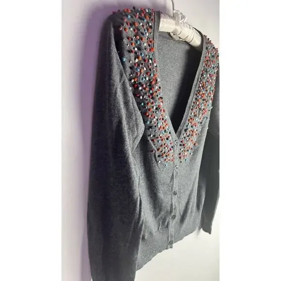 Anthropologie Moth Pom Pom Confetti Grey Cardigan Cotton Cashmere Blend Small - Picture 4 of 11